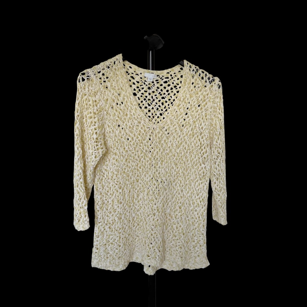J. Jill Women Yellow White Open Knit V-Neck Sweater 3/4 Sleeve Medium Pullover‎
